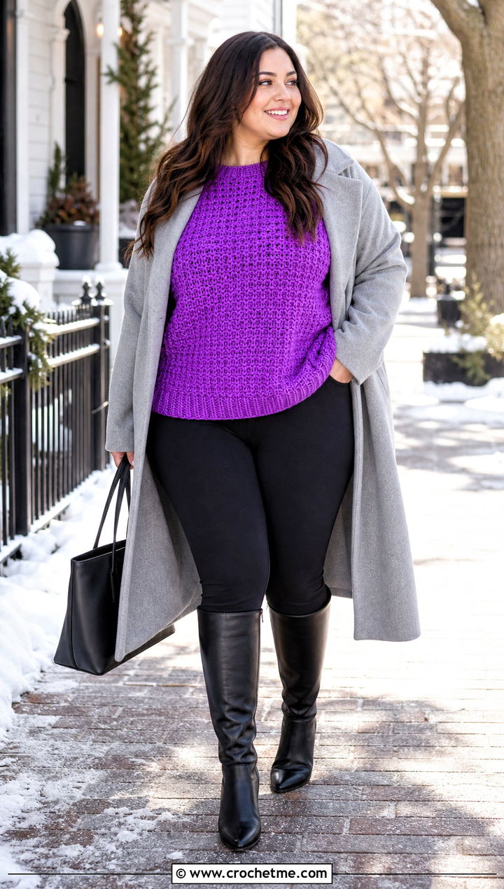 Oversized Crochet Sweater With Leggings And Boots - 15 bright crochet sweater design outfit ideas