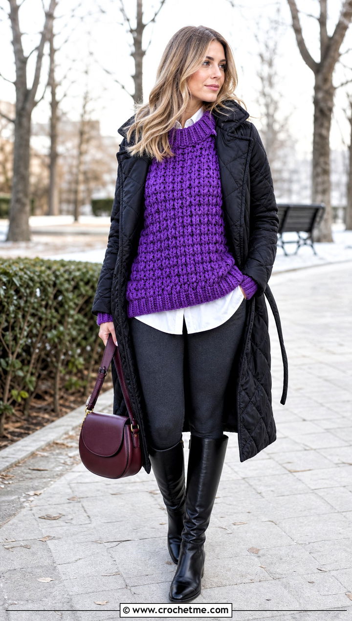 Oversized Crochet Sweater With Leggings And Riding Boots - 30 winter crochet sweater outfit ideas
