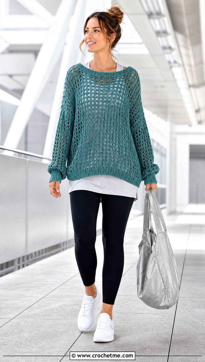 Oversized Crochet Sweater With Leggings And Sneakers - 35 simple crochet sweater outfit ideas