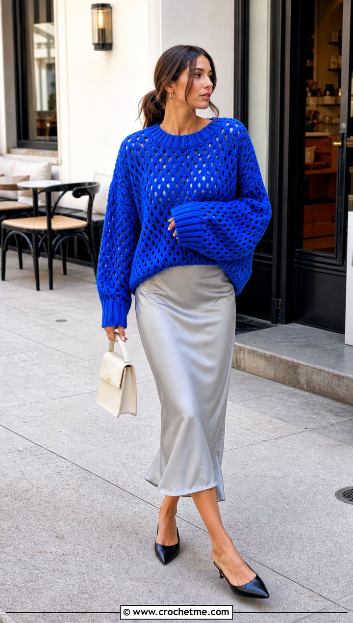 Oversized Crochet Sweater With Satin Midi Skirt - 25 crochet sweater and skirt outfit ideas