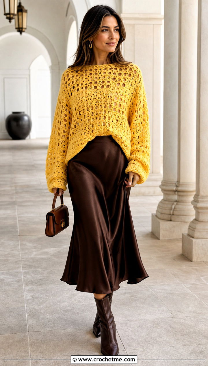 Oversized Crochet Sweater With Satin Midi Skirt - 25 Womens Crochet Sweater outfit ideas