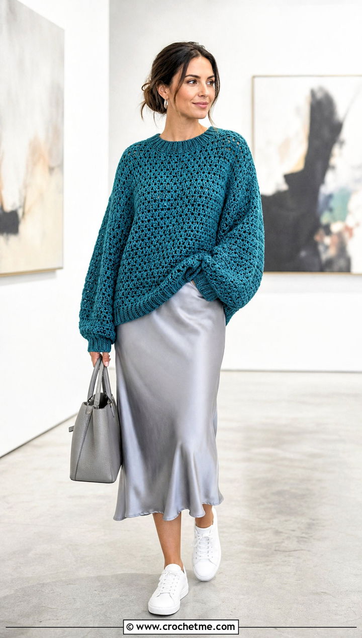 Oversized Crochet Sweater With Satin Midi Skirt - 15 adult crochet sweater outfit ideas