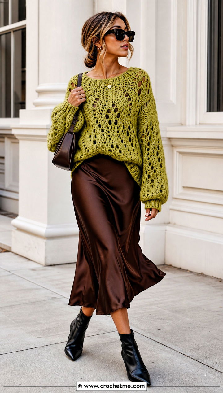 Oversized Crochet Sweater With Satin Midi Skirt - 25 Basic Crochet Sweater outfit ideas