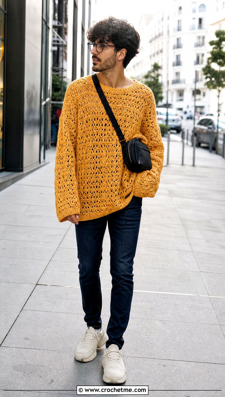 Oversized Crochet Sweater With Slim Jeans - 30 male crochet sweater outfit ideas