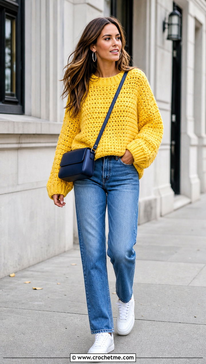 Oversized Crochet Sweater With Straight Leg Jeans - 20 Comfy Crochet Sweater outfit ideas