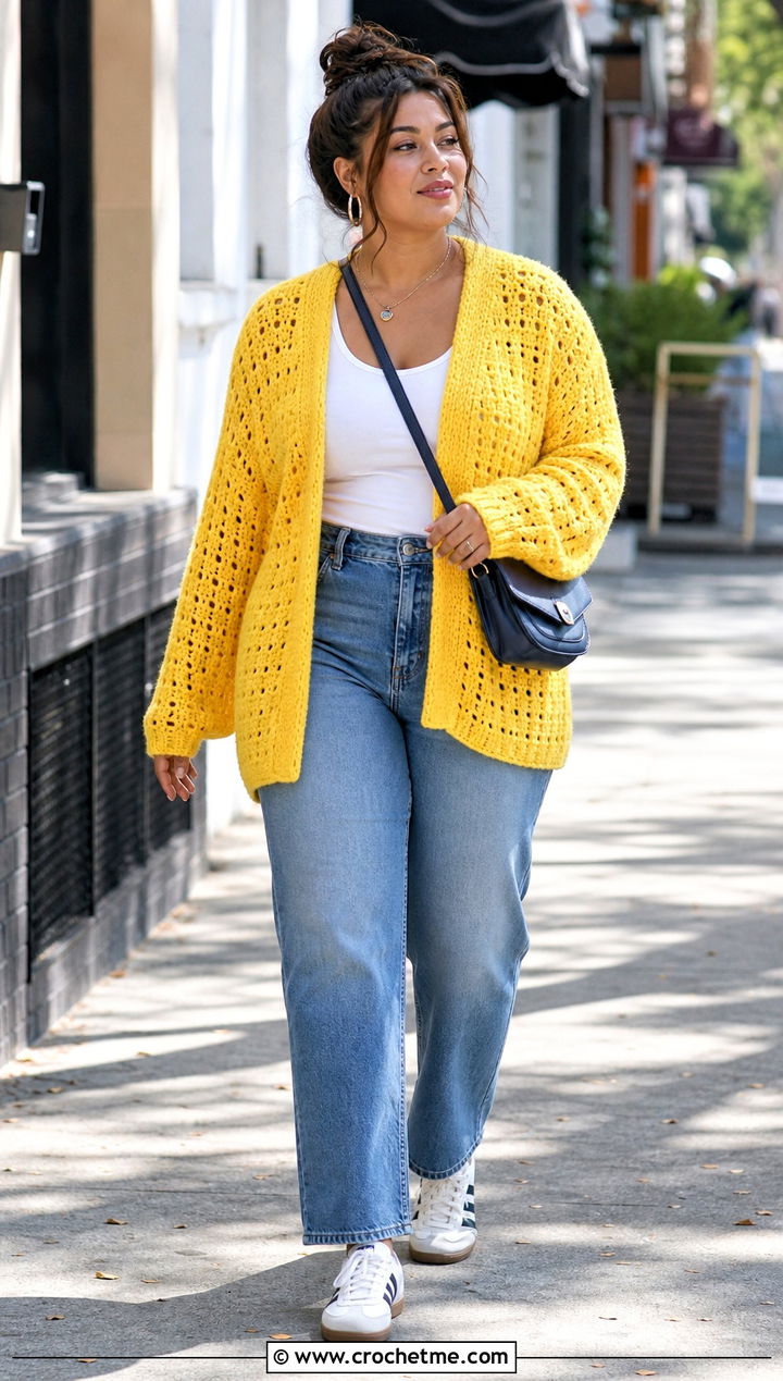 Oversized Crochet Sweater With Straight Leg Jeans - 25 Woman Crochet Sweater outfit ideas