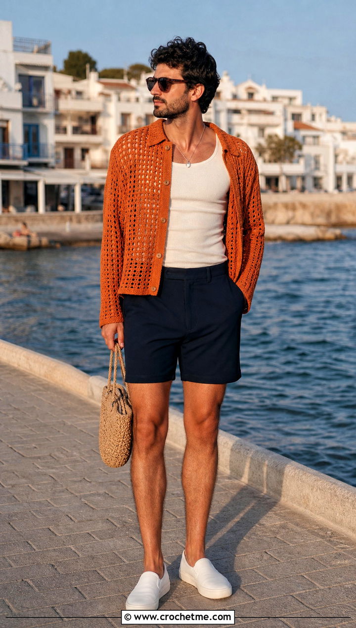 Oversized Crochet Sweater With Tailored Shorts - 25 man crochet sweater outfit ideas