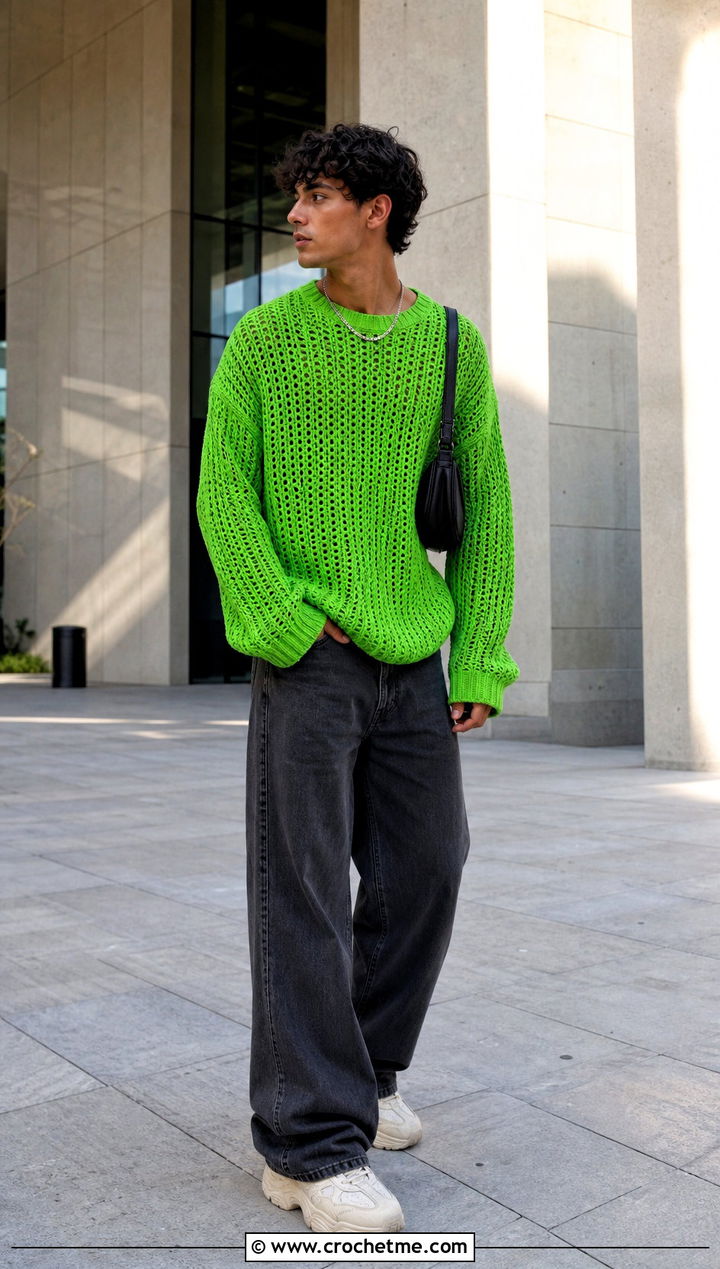 Oversized Crochet Sweater With Wide Leg Jeans - 30 crochet sweater for man outfit ideas