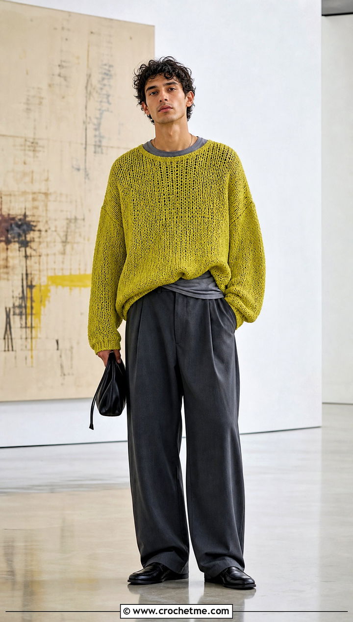 Oversized Crochet Sweater With Wide Leg Trousers - 25 Mens Crochet Sweaters outfit ideas