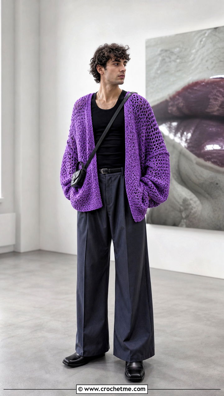 Oversized Crochet Sweater With Wide Leg Trousers - 35 crochet man sweaters outfit ideas
