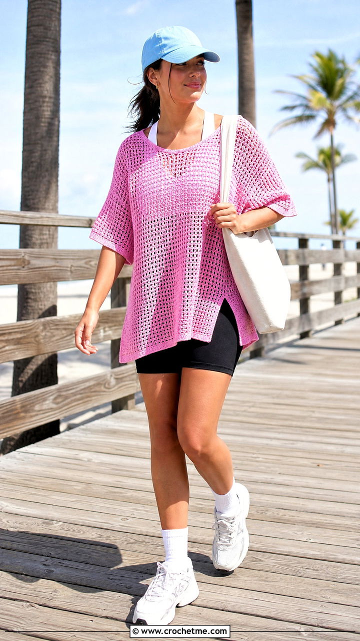 Oversized Crochet T Shirt Beach Top With Bike Shorts - 35 crochet beach top outfit ideas