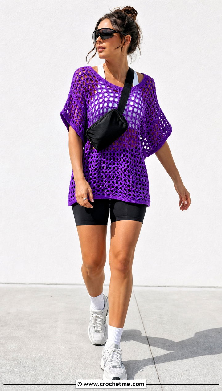 Oversized Crochet T Shirt With Biker Shorts - 35 Easy Crochet Top outfit ideas