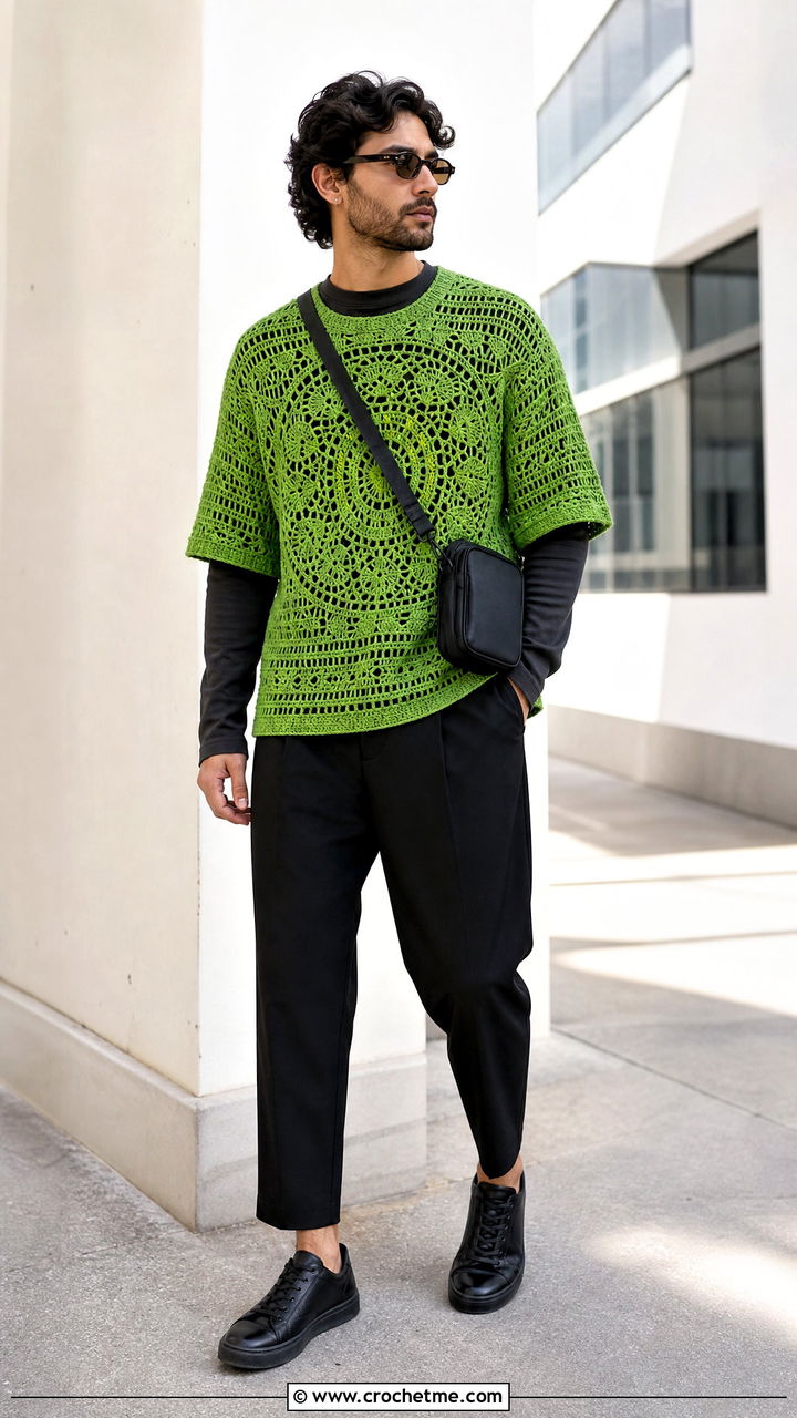 Oversized Crochet T Shirt With Cropped Trousers - 35 crochet shirts for men outfit ideas