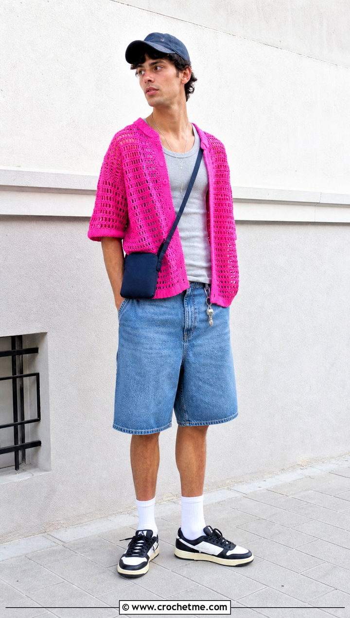 Oversized Crochet T Shirt With Denim Shorts - 35 Mens Crochet Top outfit ideas