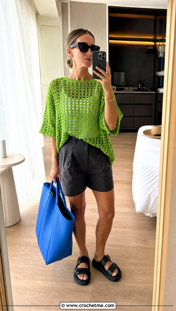 Oversized Crochet T Shirt With Tailored Shorts - 35 aesthetic crochet summer tops outfit ideas