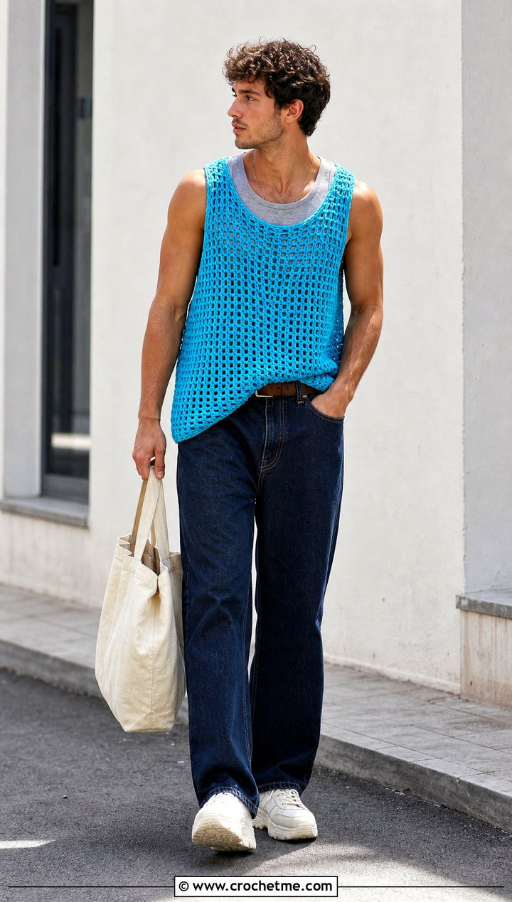 Oversized Crochet Tank Top With Straight Leg Jeans - 25 crochet mens tank top outfit ideas