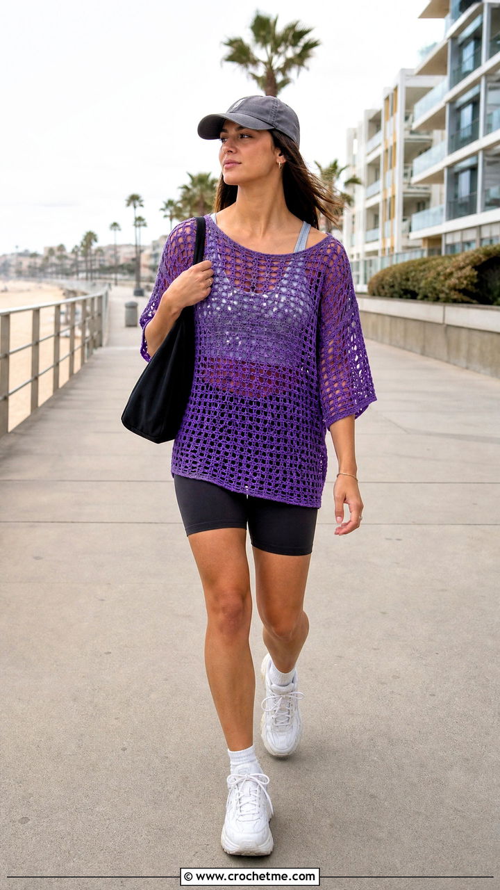 Oversized Crochet Tee With Biker Shorts - 35 crochet top beach outfit ideas