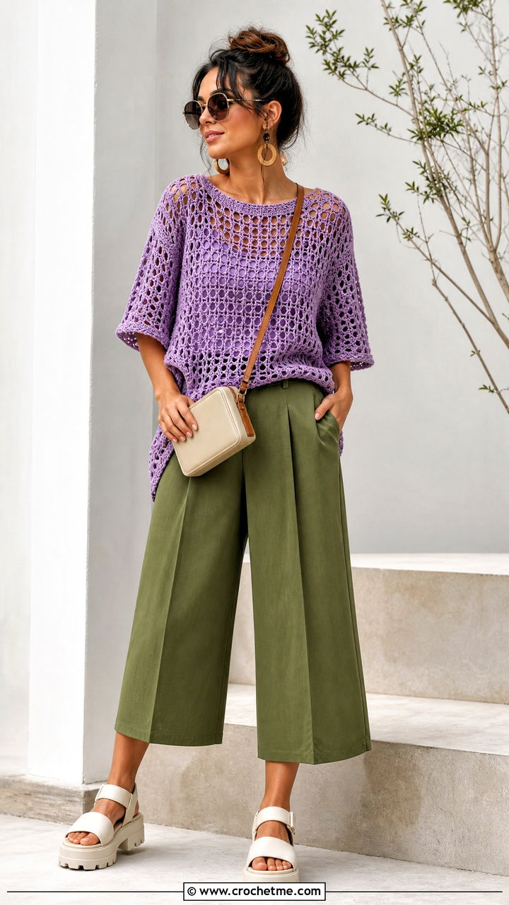 Oversized Crochet Tee With Culottes - 35 hippie crochet top outfit ideas