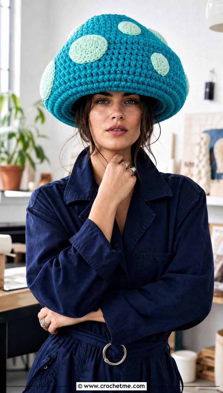 Oversized Crochet Toadstool Cap With Utility Jumpsuit - 15 Crochet Toadstool Hat outfit ideas