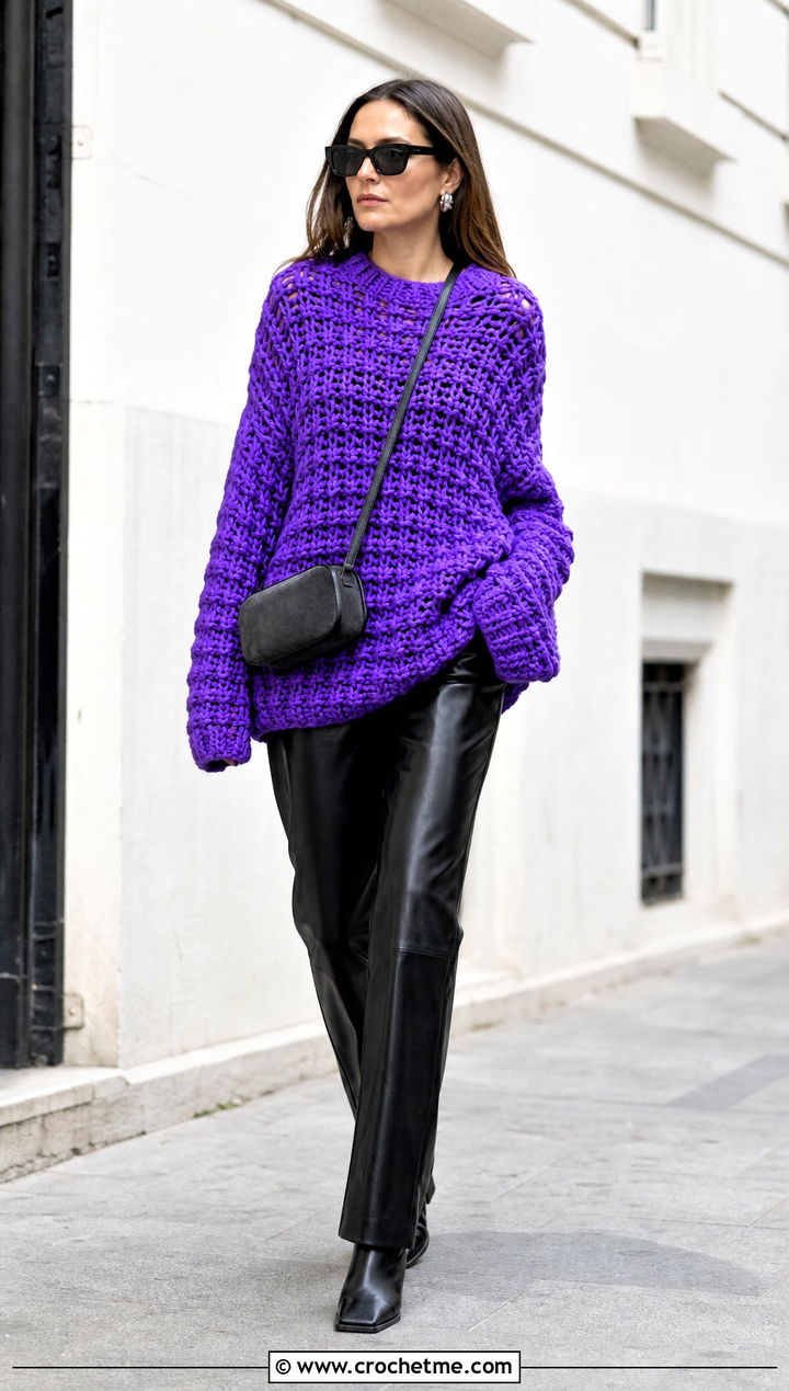Oversized Crochet Top Down Sweater With Leather Pants - 15 Crochet Top Down Sweater outfit ideas