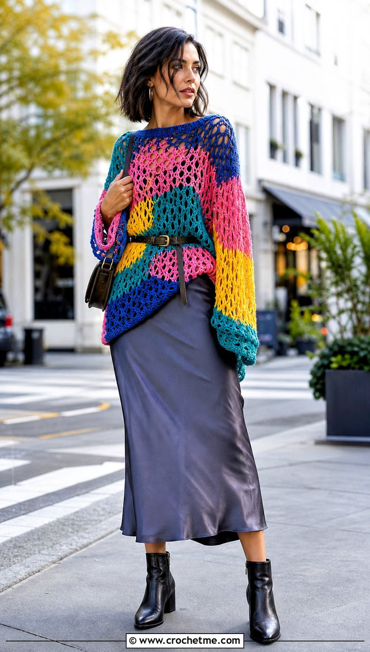 Oversized Crochet Top Layered Over A Slip Dress - 20 Crochet Tops With Long Sleeves outfit ideas