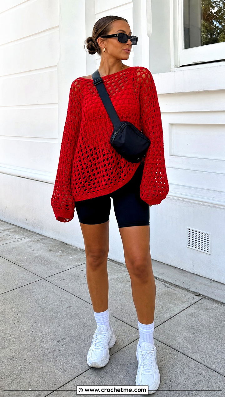Oversized Crochet Top With Bike Shorts - 35 Women Crochet Top outfit ideas