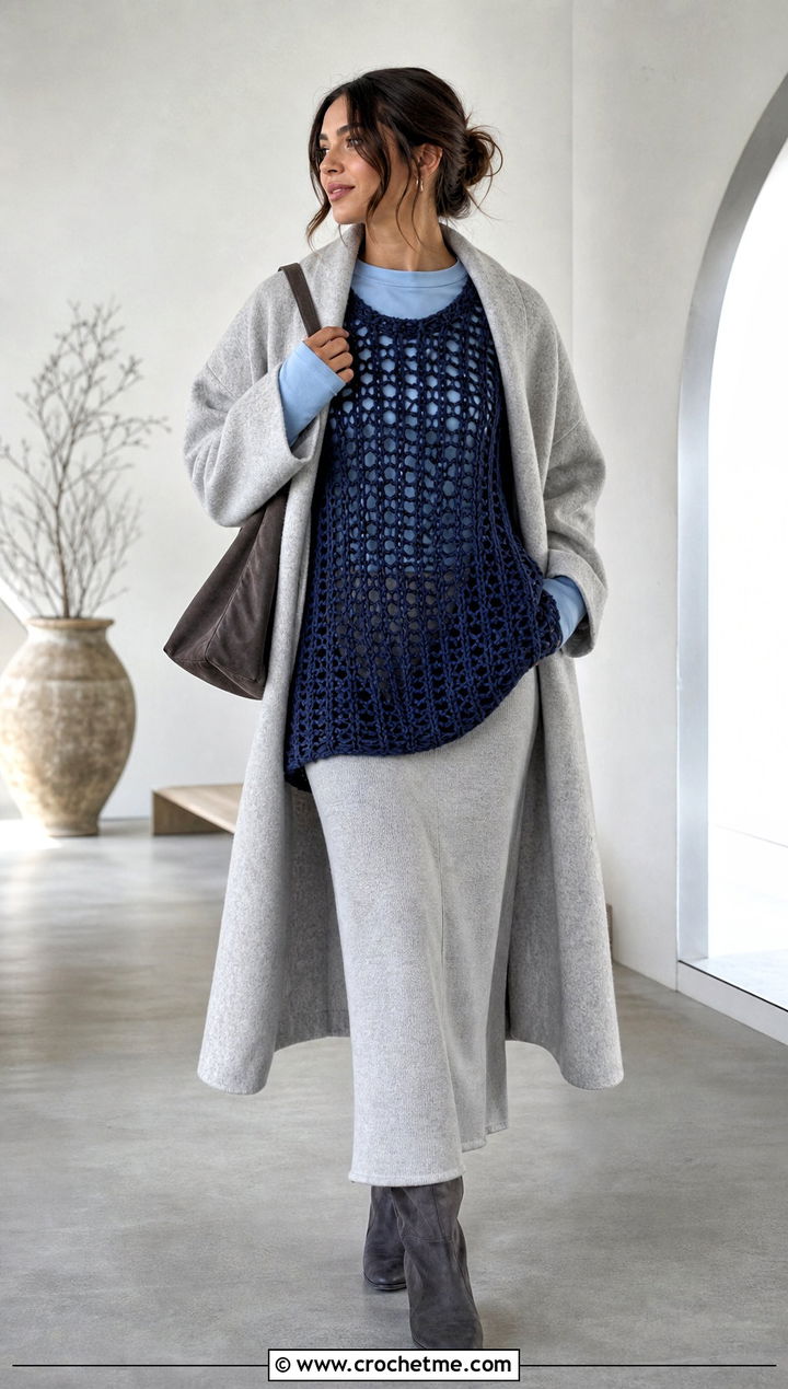 Oversized Crochet Top With Knit Maxi Skirt - 35 winter crochet top outfit ideas