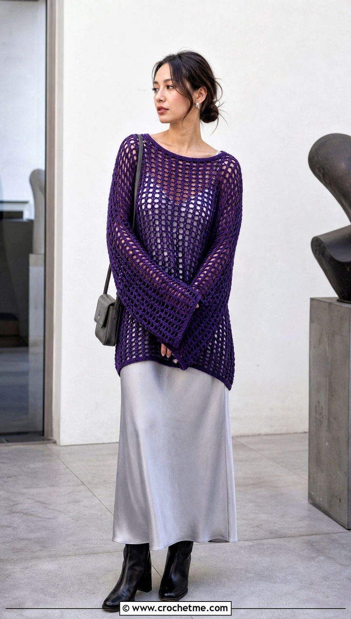 Oversized Crochet Top With Slip Dress - 30 crochet knitted top outfit ideas