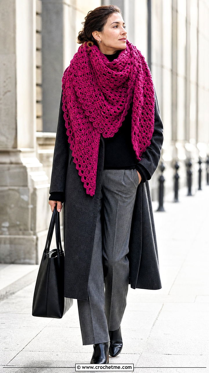 Oversized Crochet Triangle Shawl Scarf With Long Coat And Trousers - 35 crochet triangle scarf outfit ideas