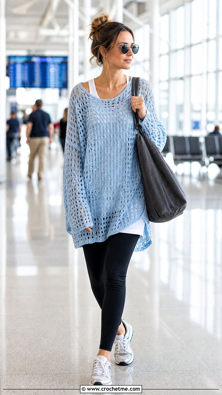Oversized Crochet Tunic Top With Leggings - 35 crochet top with sleeves outfit ideas