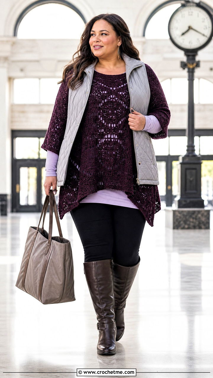 Oversized Crochet Tunic Top With Leggings - 35 crochet fall top outfit ideas