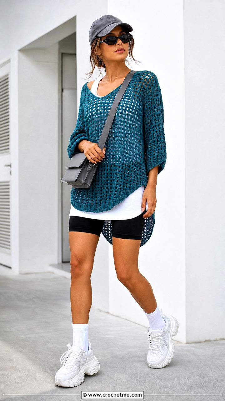 Oversized Crochet Tunic With Bike Shorts - 35 crochet tunic outfit ideas
