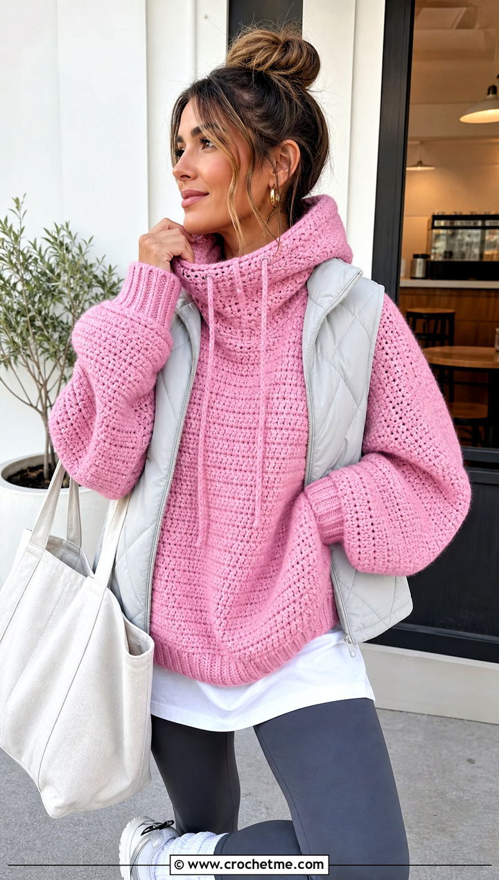 Oversized Crochet Turtle Neck Hoodie With Leggings - 30 crochet turtle neck hoodie outfit ideas