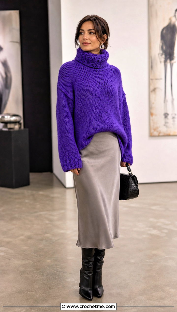 Oversized Crochet Turtleneck Sweater With Satin Midi Skirt - 30 crochet turtleneck sweater outfit ideas