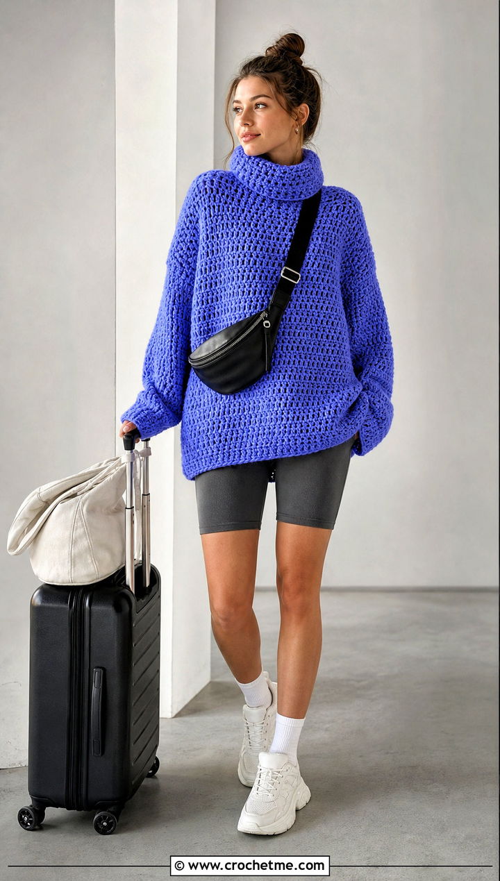 Oversized Crochet Turtleneck Top With Biker Shorts - 35 crochet high neck top outfit ideas