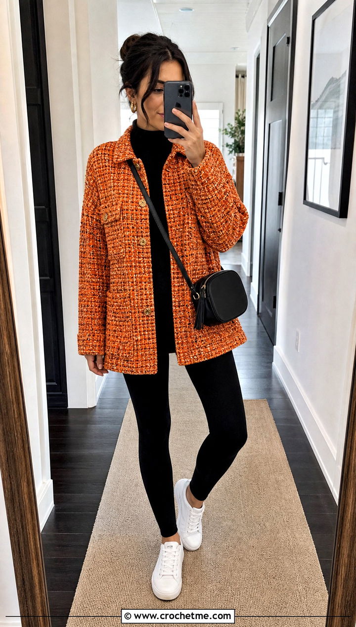Oversized Crochet Tweed Jacket With Black Leggings - 30 crochet tweed jacket outfit ideas