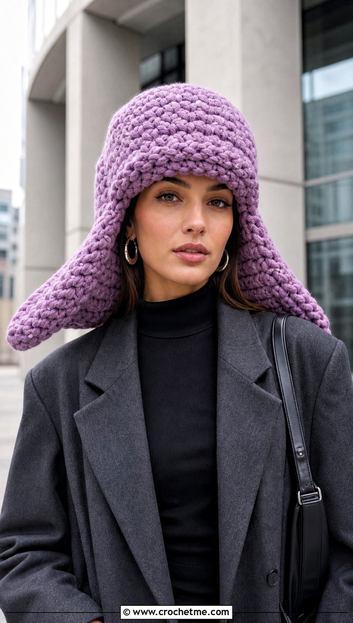 Oversized Crochet Ushanka Hat With Oversized Blazer - 30 crochet ushanka hat outfit ideas