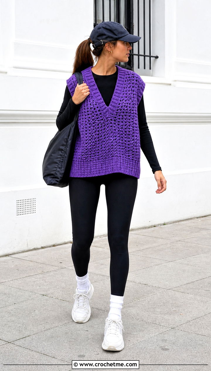 Oversized Crochet V Neck Sweater Vest With Black Leggings - 25 crochet v neck sweater vest outfit ideas