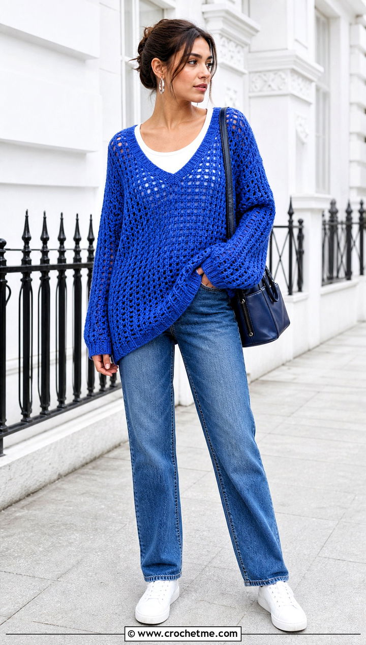 Oversized Crochet V Neck Sweater With Straight Leg Jeans - 25 Crochet Vneck Sweater outfit ideas