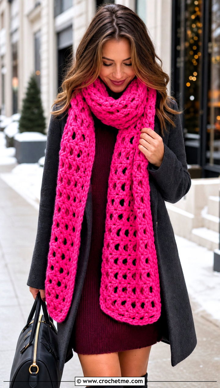 Oversized Crochet V Stitch Scarf With Sweater Dress - 30 crochet v stitch scarf outfit ideas
