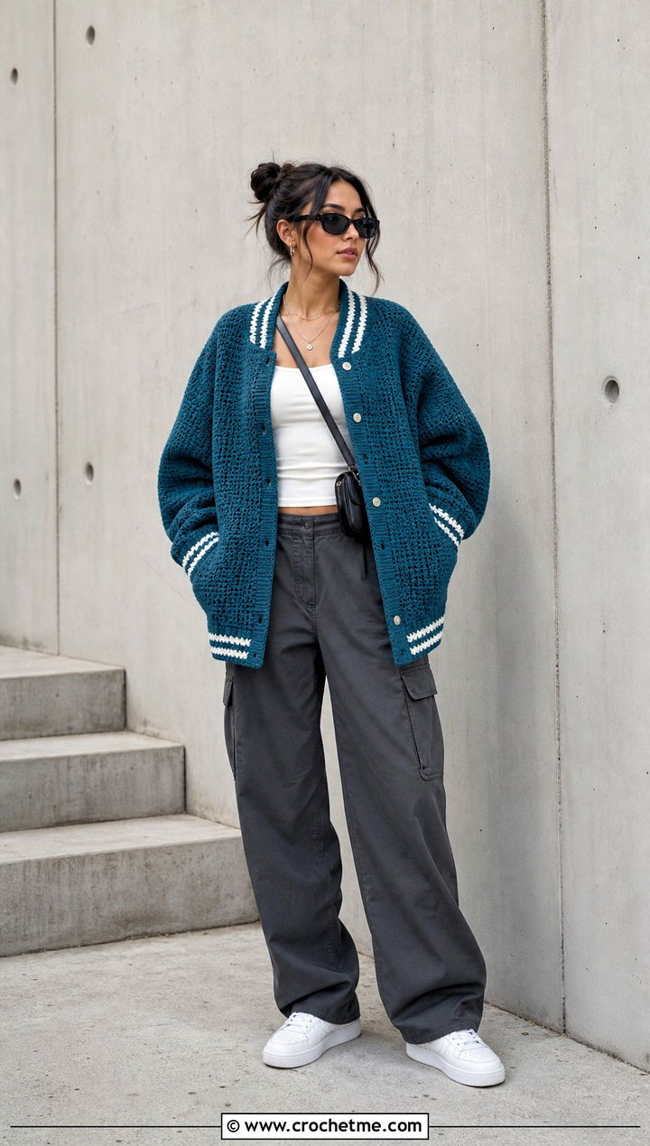 Oversized Crochet Varsity Jacket With Cargo Pants - 35 crochet varsity jacket outfit ideas