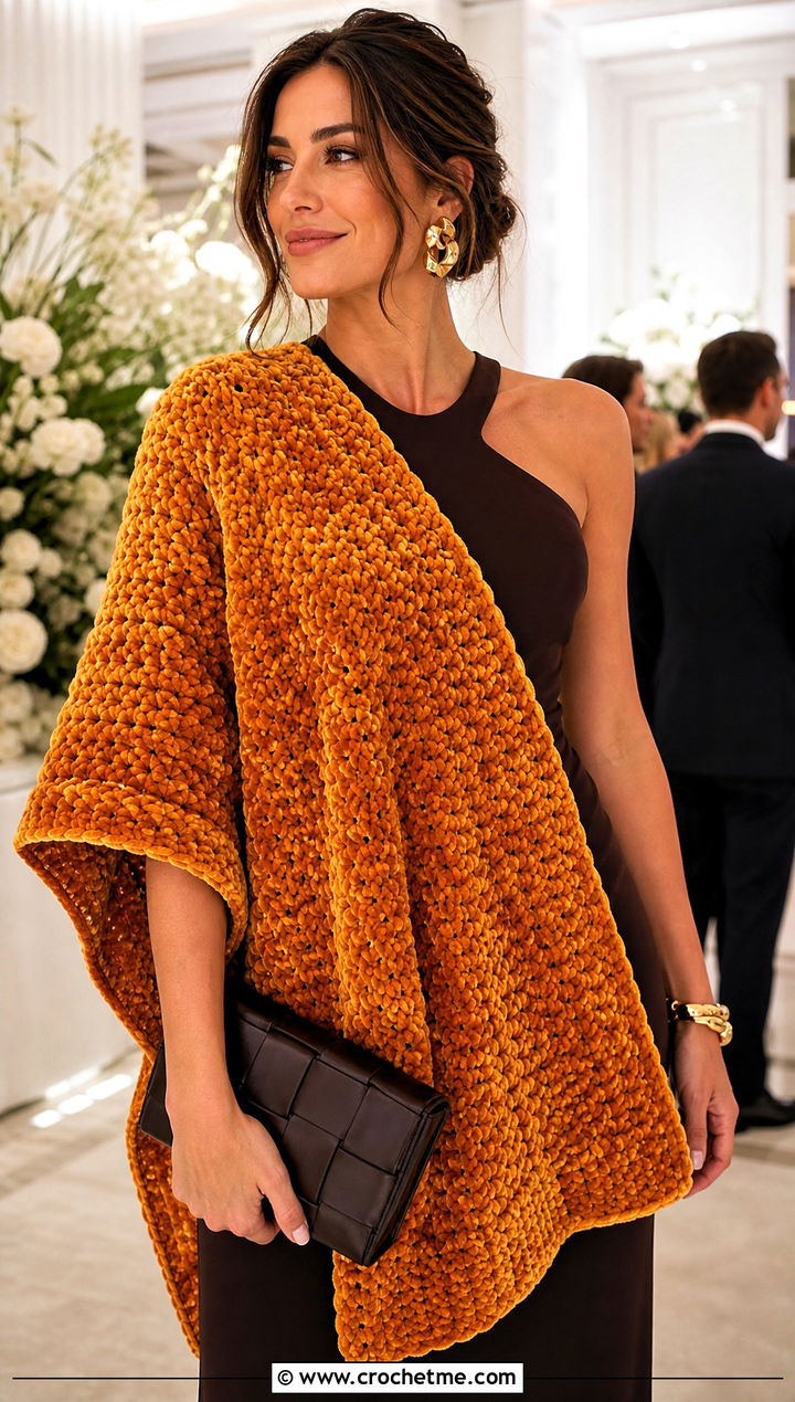 Oversized Crochet Velvet Wrap Scarf With Column Dress - 25 Crochet Velvet Scarf outfit ideas