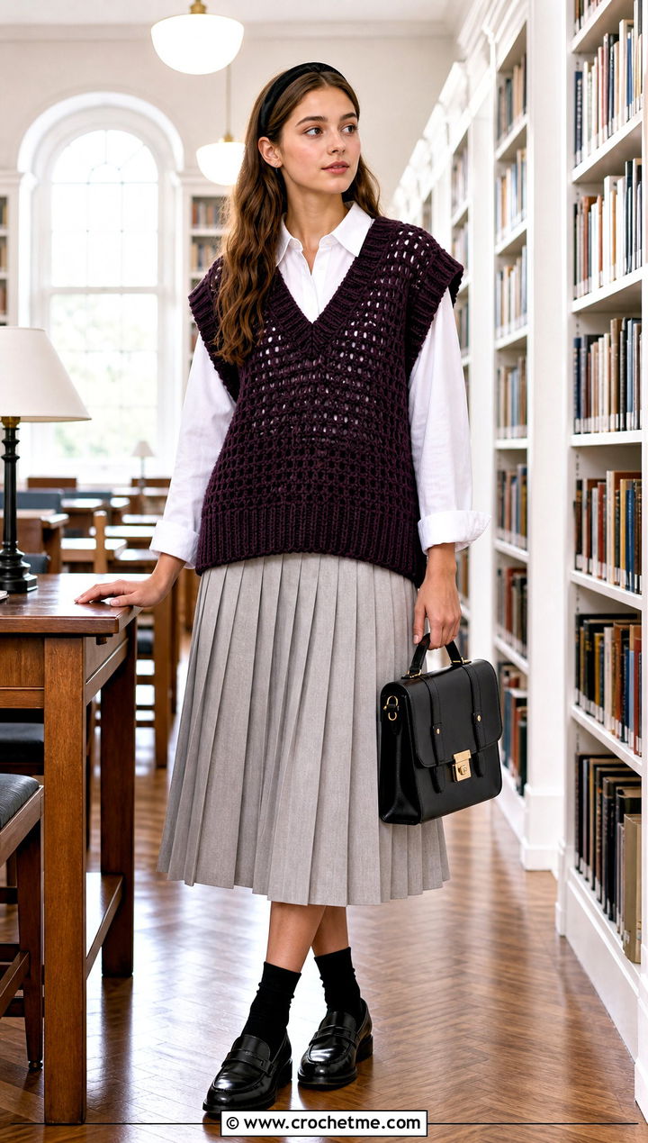 Oversized Crochet Vest With Pleated Skirt - 35 crochet vest outfits for women outfit ideas