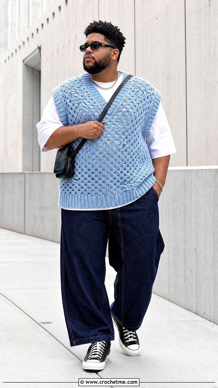 Oversized Crochet Vest With Wide Leg Jeans And High Top Sneakers - 35 crochet vest for men outfit ideas