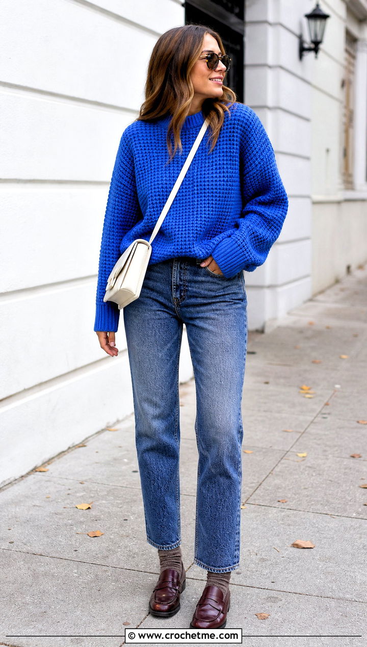 Oversized Crochet Waffle Crewneck Sweater With Straight Jeans - 15 Crochet Waffle Sweater outfit ideas