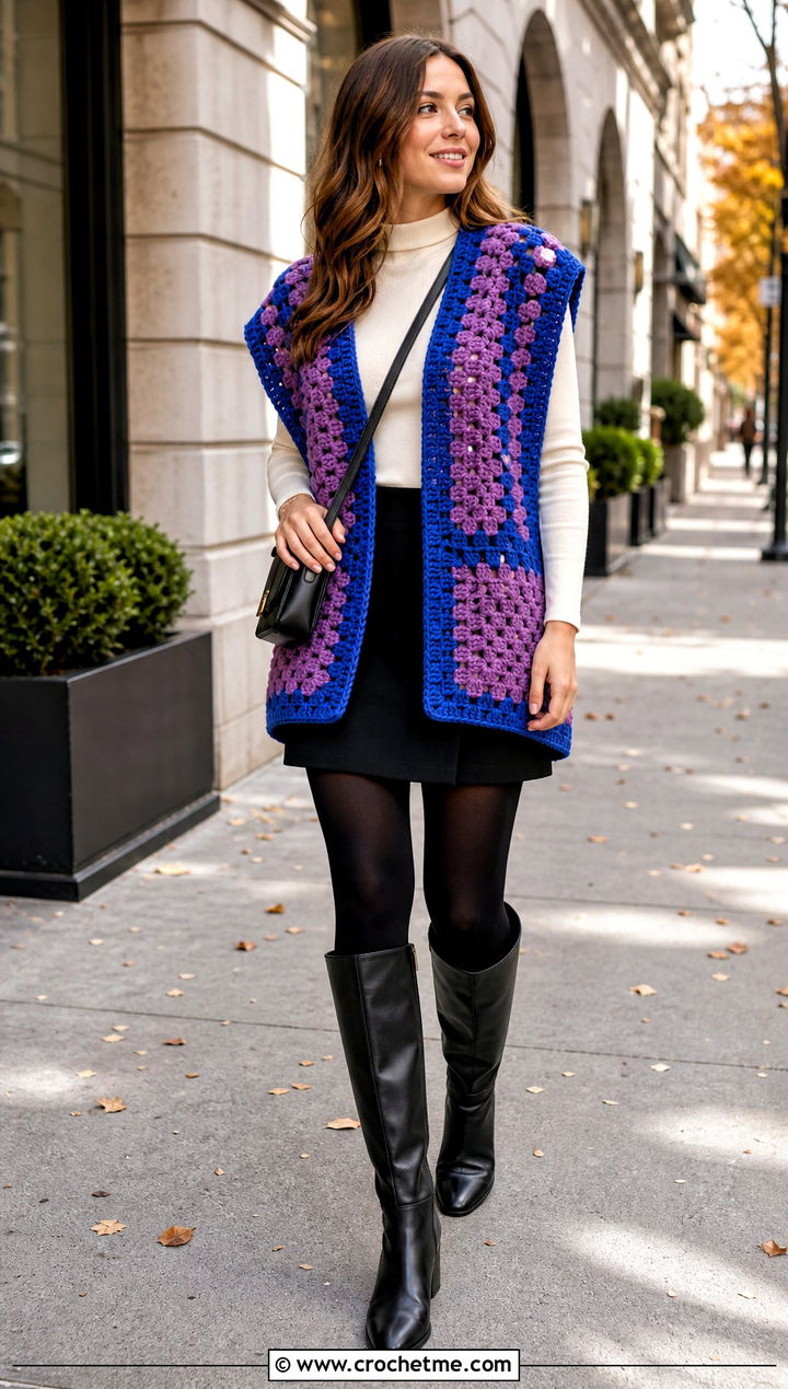 Oversized Crochet Waistcoat With Mini Skirt And Boots - 20 ladies crochet waistcoat outfit ideas