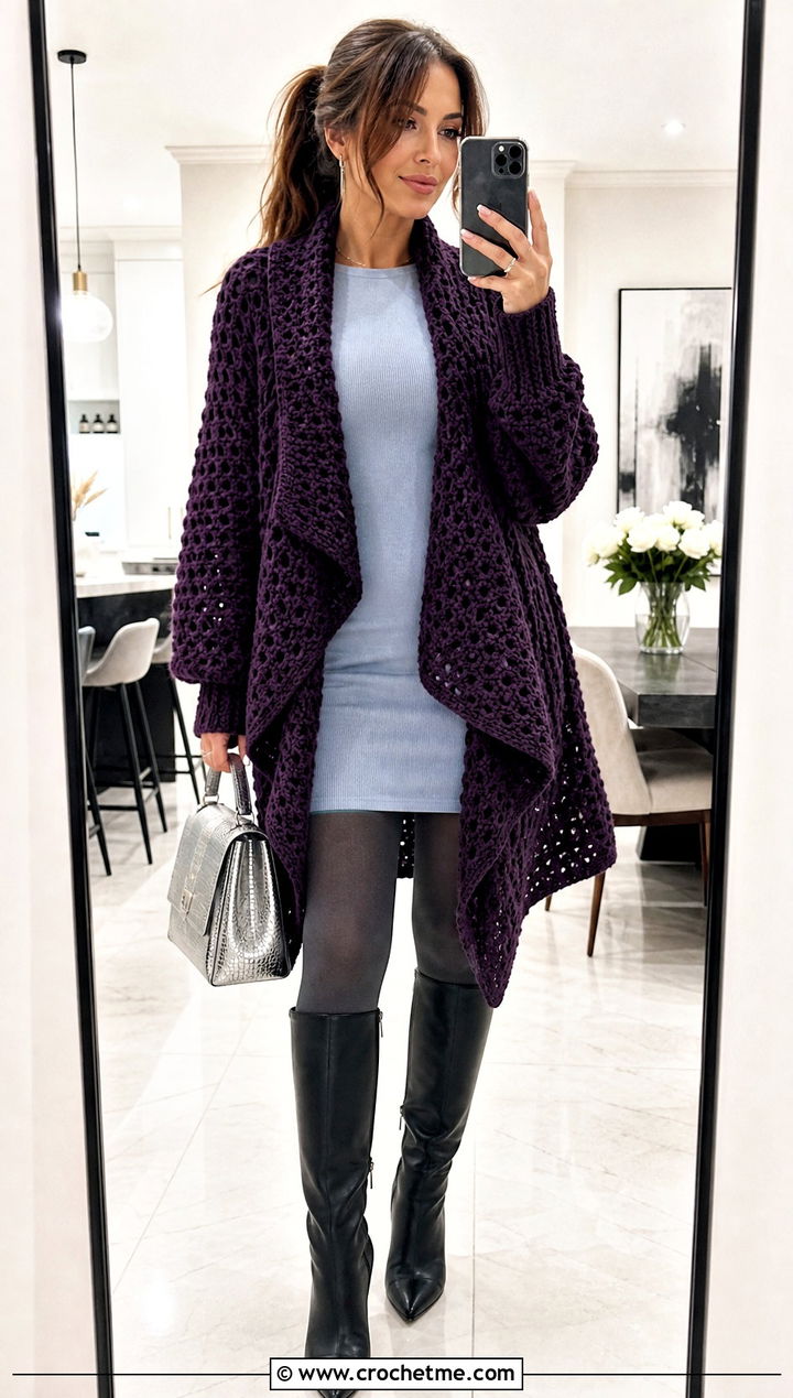 Oversized Crochet Waterfall Cardigan With Mini Dress - 25 crochet waterfall cardigan outfit ideas