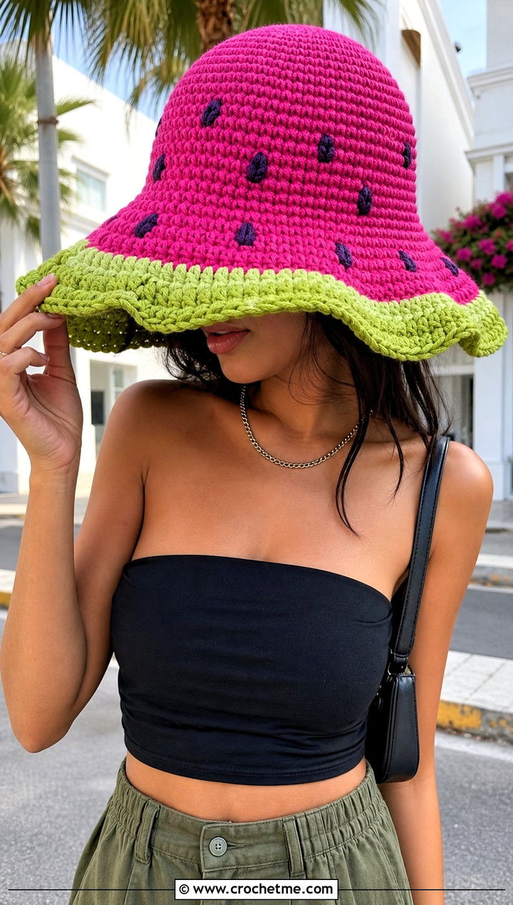 Oversized Crochet Watermelon Bucket Hat With Tube Top And Cargo Maxi Skirt - 30 crochet watermelon bucket hat outfit ideas