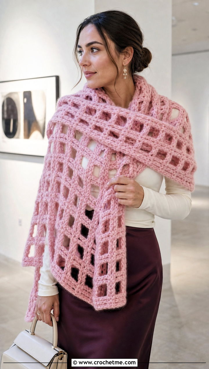 Oversized Crochet Windowpane Wrap Scarf With Satin Skirt - 15 crochet windowpane scarf outfit ideas