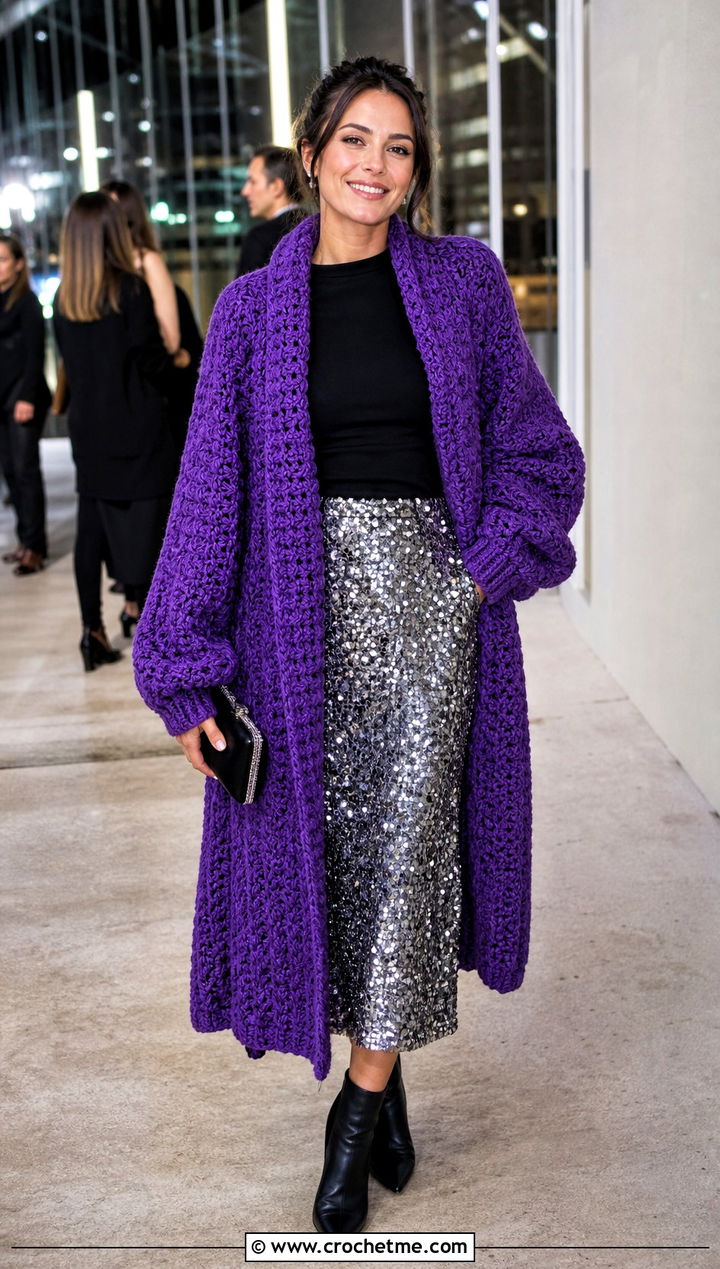 Oversized Crochet Winter Cardigan With A Sequin Skirt - 25 crochet winter cardigan outfit ideas